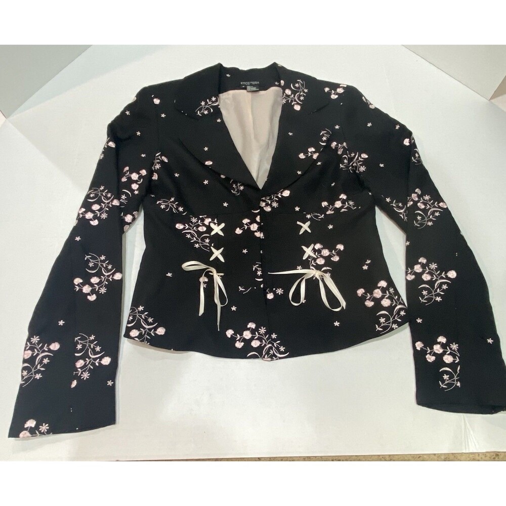 Etcetera Vintage Silk Blazer with Embroidered Blush Pink Black Y2K Sz 8